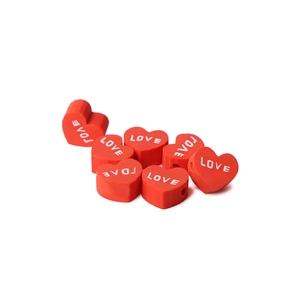 Red heart-shaped clay beads with LOVE print for DIY jewelry making and bracelet crafting