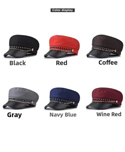 Detailed color display of PU leather military caps with gold star and chain accents