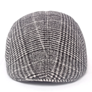 Men's winter wool newsboy cap with classic grey plaid pattern and warm cotton lining