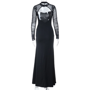 Detail view of the open back mesh design and back slit on this black bodycon dress