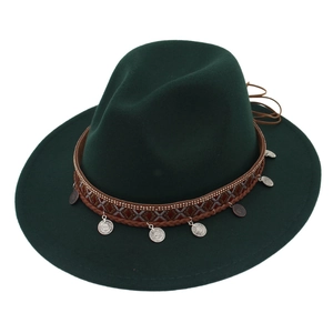 Dark green wide brim felt fedora hat with ethnic style silver coin pendants decoration