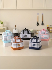 Set of five insulated lunch bags with grid texture and top handles for picnic storage