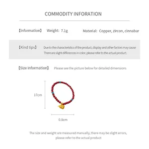 Detailed size chart for red cinnabar beaded bracelet with gold gourd pendant and zircon