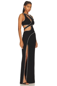 Sexy black sleeveless cutout maxi dress with white pearl trim and high side slit