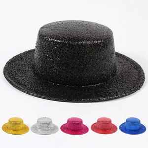 Detailed close-up of glitter flat top party hats in black, red, blue, and silver colors
