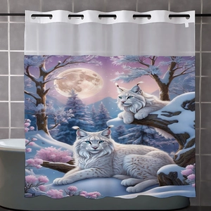 Detail of floral forest and feline print on digital waterproof shower curtain