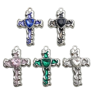 Cross pendants with colorful enamel and heart gems in blue, black, pink, green, and white