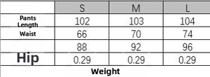 Detailed size chart for wide leg trousers showing length, waist and hip measurements