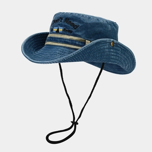 Washed denim cowboy hat with letter embroidery and chin strap for sun protection