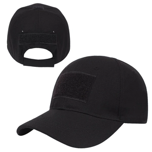Tactical black baseball cap with ripstop fabric and adjustable hook-and-loop patches