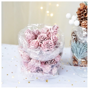 Pink pine cones with snowy finish and green pine needles for Christmas decoration