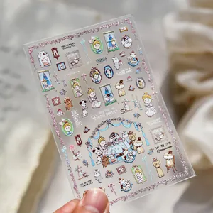 Detail of embossed PET nail stickers with floral tea party cartoon designs for journaling