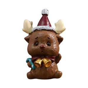 Miniature resin reindeer figurine with Christmas hat and candy cane for holiday desk decor
