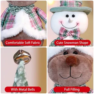 Christmas plush dolls featuring snowman and reindeer designs with red plaid details