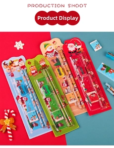 Flat lay of four colorful Christmas stationery sets with pencils, ruler and eraser