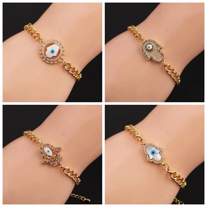 Evil Eye Hamsa Hand Bracelet Gold Plated Copper Zircon Shell Hip Hop Retro Bohemian Jewelry Unisex Gift