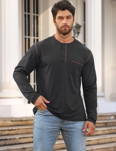 Detail of men's charcoal long sleeve henley sweatshirt with contrast stitching and pocket