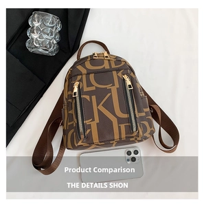 Flat lay of brown vintage backpack with yellow letter pattern and gold zipper details