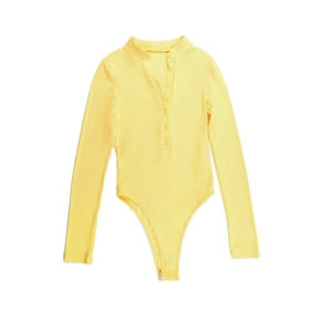 Detail of bright yellow ribbed knit bodysuit with long sleeves and buttoned Henley neck