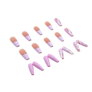 Purple long ballerina press on nails with lavender French tips and wavy marble patterns