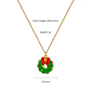 Christmas wreath pendant necklace in gold stainless steel with red bow and size details