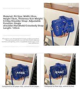 Blue motorcycle jacket style crossbody bag with metal rivets and adjustable strap details