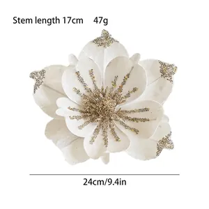 White silk artificial Christmas flower with silver glitter petals 24cm tree decoration