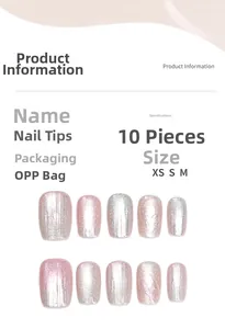 Detail specifications for pink aurora cat-eye press-on nails with size guide chart