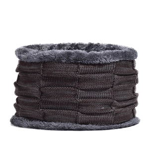Detail of winter neck warmer with charcoal checkered knit and thick faux fur lining