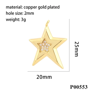 Macro shot of 18K gold-plated star pendant with zircon inlay and detailed measurements
