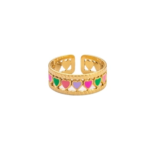 18K gold-plated adjustable ring featuring multi-colored heart enamel and milgrain edges