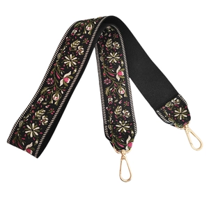 Tracolla larga jacquard stile etnico con ricami floreali e ganci in metallo dorato
