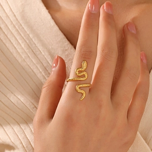 18k gold plated stainless steel snake ring with textured scales and adjustable open design