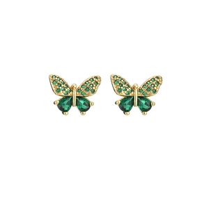 Elegant gold butterfly stud earrings featuring green crystals on a white background