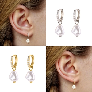 Baroque pearl hoop earrings in S925 sterling silver with sparkling crystal inlay