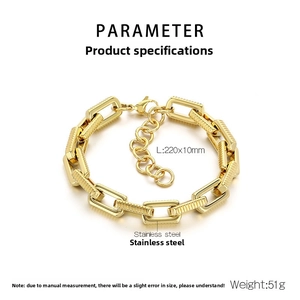 Detailed specs of men's chunky gold stainless steel chain bracelet with rectangular links