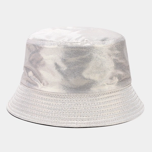 Detail of silver metallic PU leather bucket hat showing holographic reflective texture