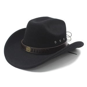 Chapeau de cowboy en laine noire à large bord avec emblème tête de taureau vintage