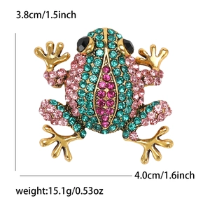 Cute frog brooch with green rhinestones and gold alloy, size 3.8cm x 4.0cm dimensions