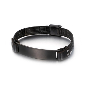 Men's black stainless steel mesh bracelet with central metal plate on white background
