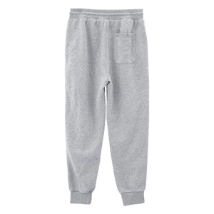 Detail view of the back pocket and knit texture on grey joggers with cuffed ankles
