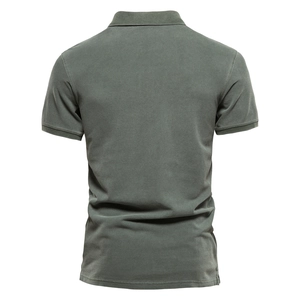 Back view of a men's slim fit polo shirt in olive green pique cotton fabric