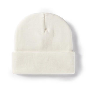 Classic cream white knitted beanie hat with fold-over cuff for winter warmth