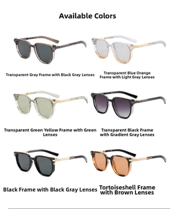 Detail view of square sunglasses collection with metal frames in six assorted colors