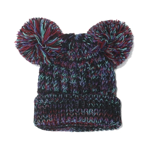 Kids chunky knit winter beanie with cute double pom-poms in a multi-color mixed yarn