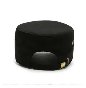 Detail view of the black cadet cap back with vintage metal buckle and side grommets
