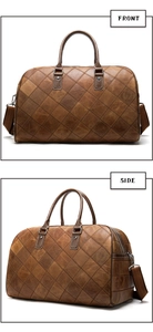 Detailed views of a brown quilted leather travel duffel bag showing front and side angles
