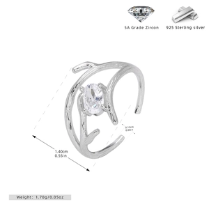 Macro detail of S925 sterling silver branch ring with 5A zircon and size dimensions