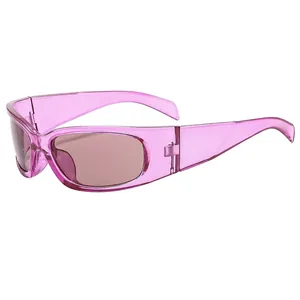 Pink translucent Y2K sporty sunglasses with wide frame for outdoor cycling and travel