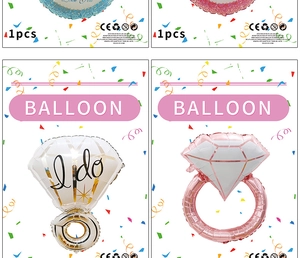 Detail of I do diamond ring foil balloon in white and pink packaging for proposal decor